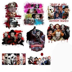 8pcs Horror Themed Large Iron-On Transfers, Halloween Horror Movie Patches